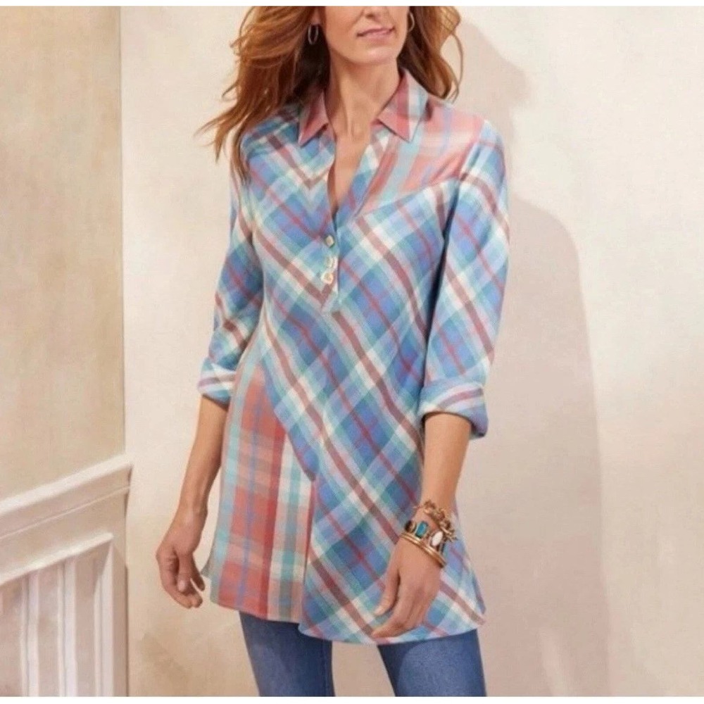 Soft Surroundings Plaid Tunic Top Blue Coral Long Sleeve Blouse Size S PETITE